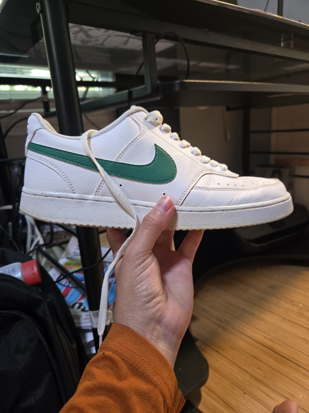 Nike White Leather Low-Top Sneaker with Green Swoosh